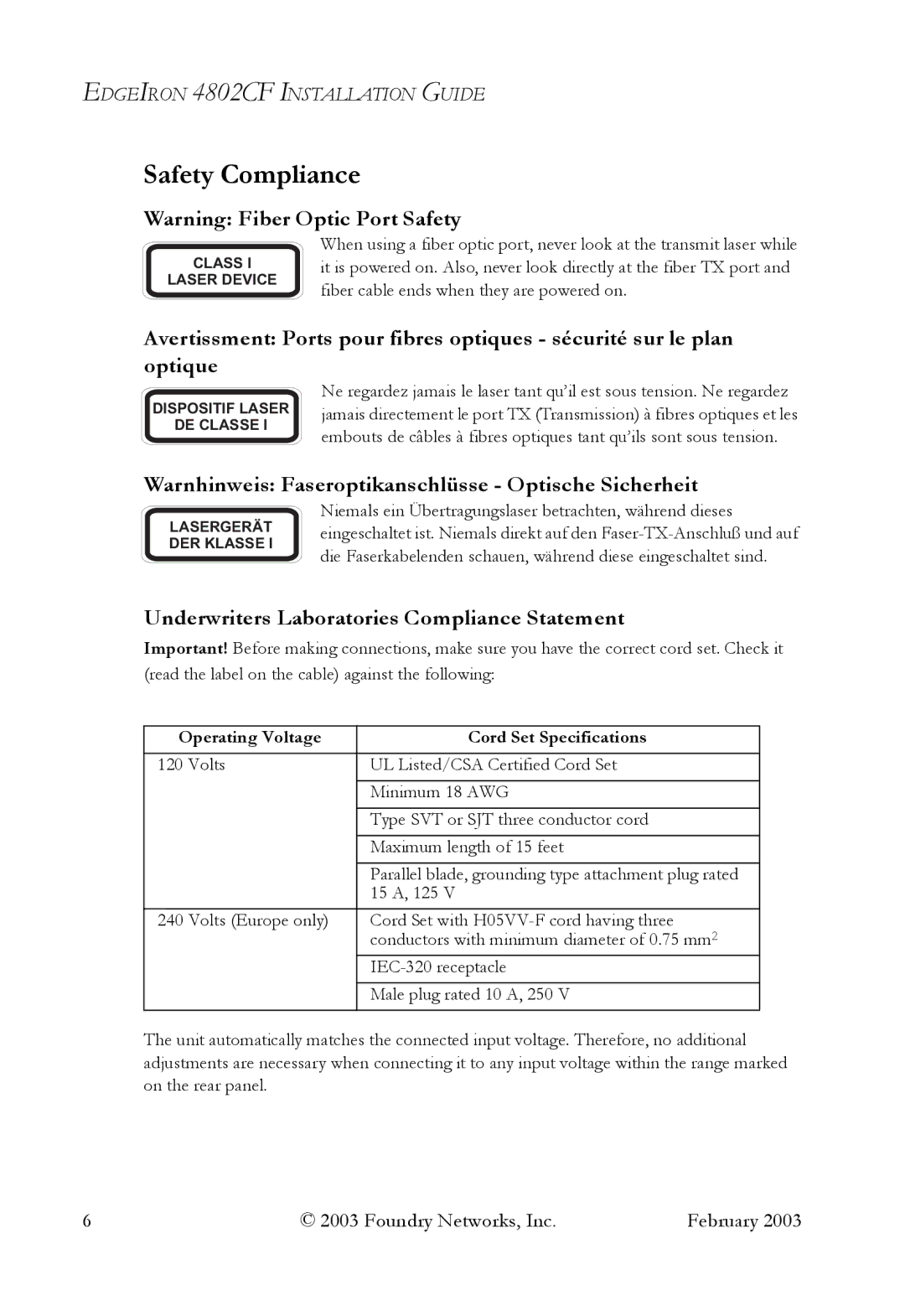 Foundry Networks OSI manual Safety Compliance, Warnhinweis Faseroptikanschlüsse Optische Sicherheit 