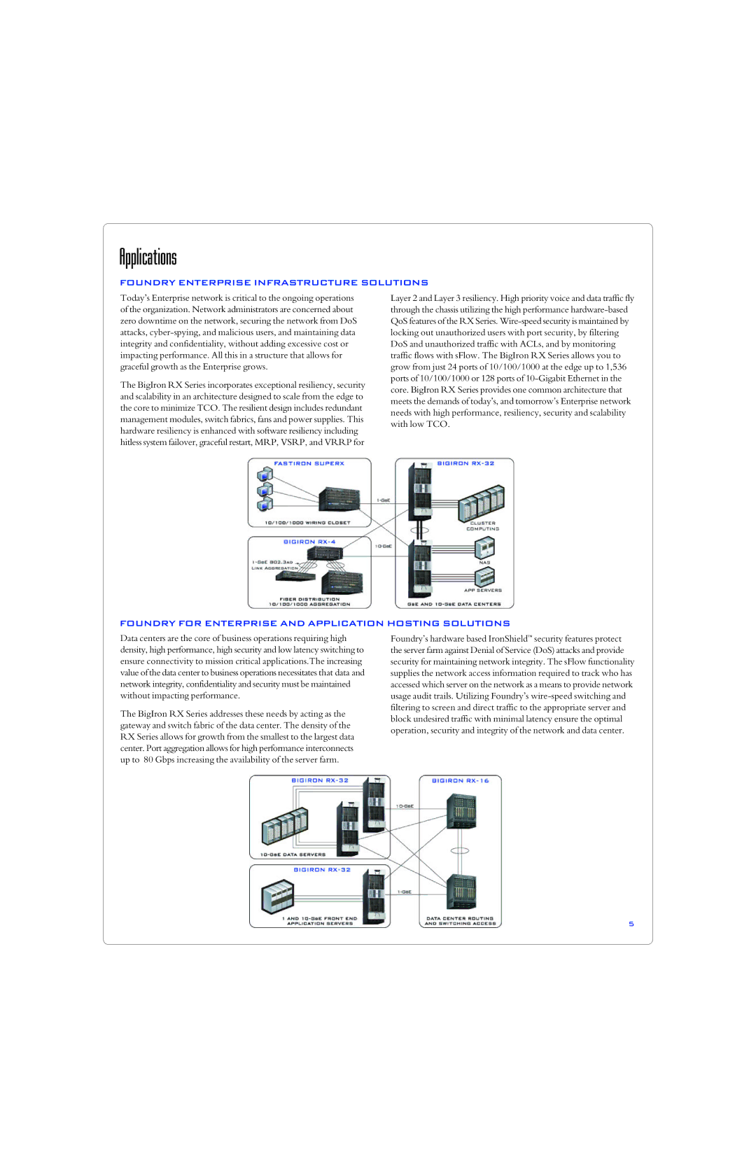 Foundry Networks RX-32, RX-8, RX-4, RX-76 manual Applications, Foundry Enterprise Infrastructure Solutions 