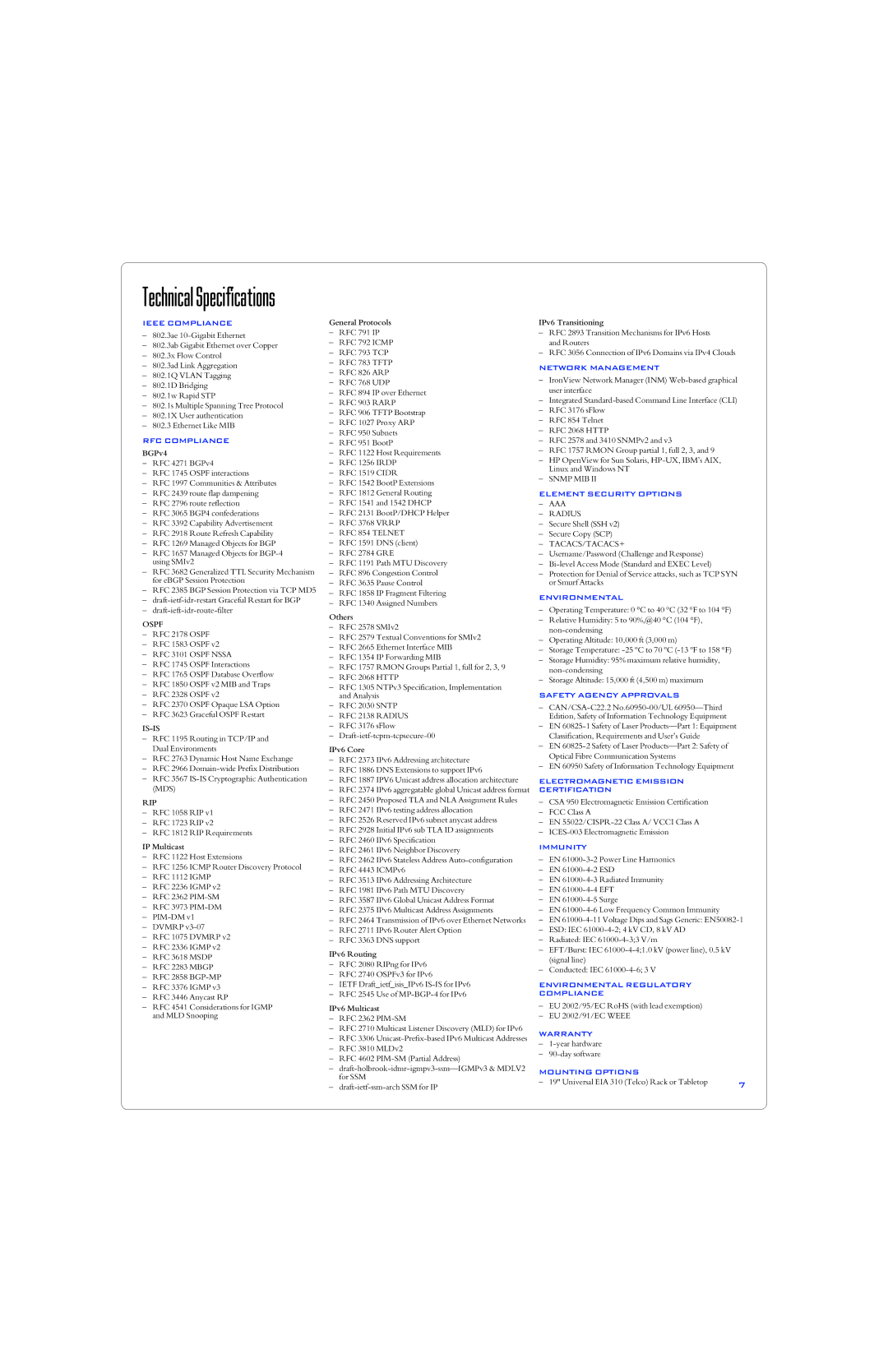 Foundry Networks RX-76, RX-8 Ieee Compliance, RFC Compliance, Network Management, Element Security Options, Environmental 