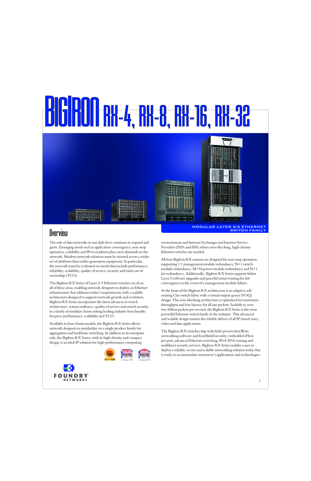Foundry Networks RX-76 manual Overview, BIGIRON RX-4, RX-8, RX-16, RX-32, MODULAR LAYER 2/3 ETHERNET SWITCH FAMILY 
