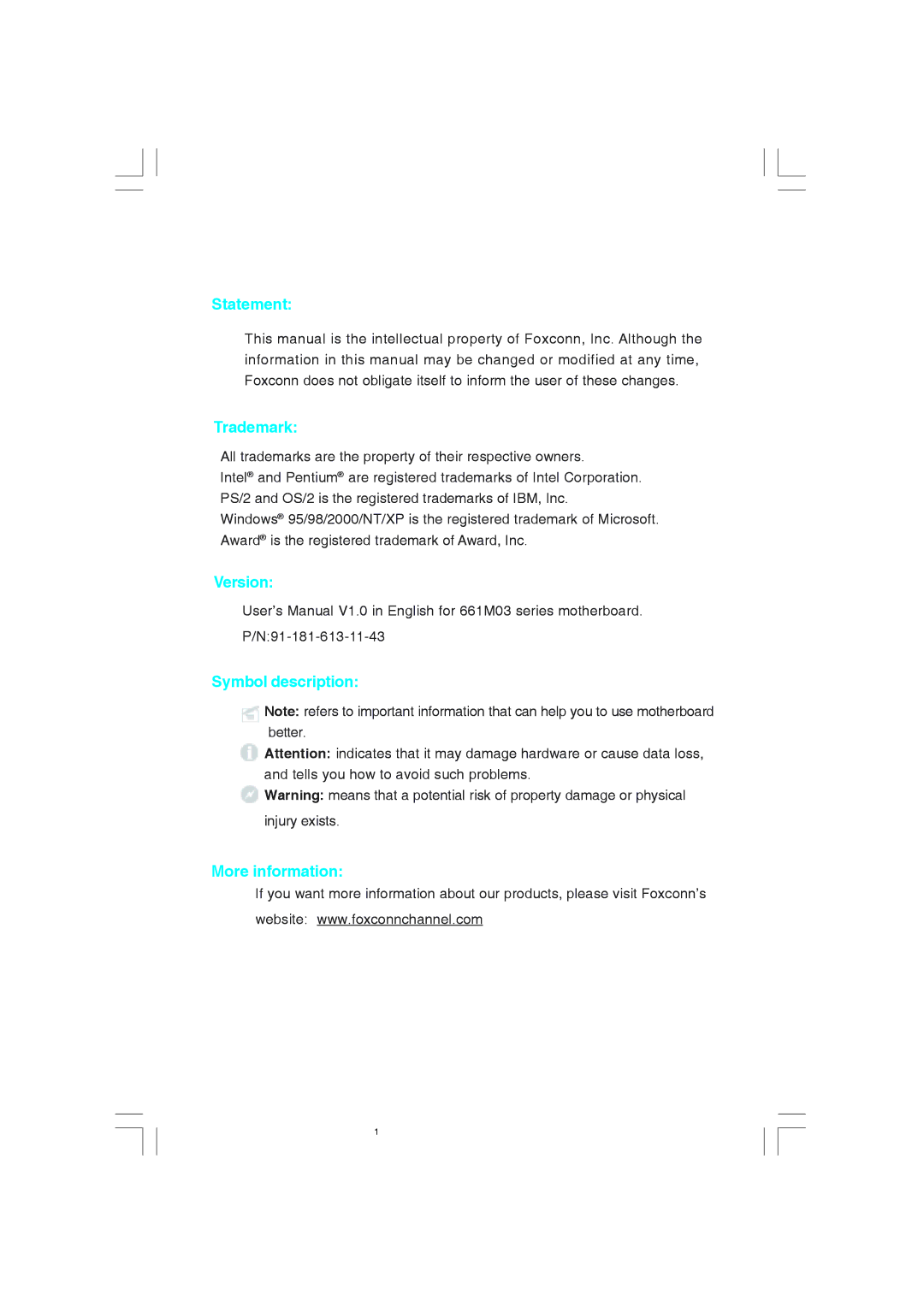 Foxconn 661M03 user manual Version 