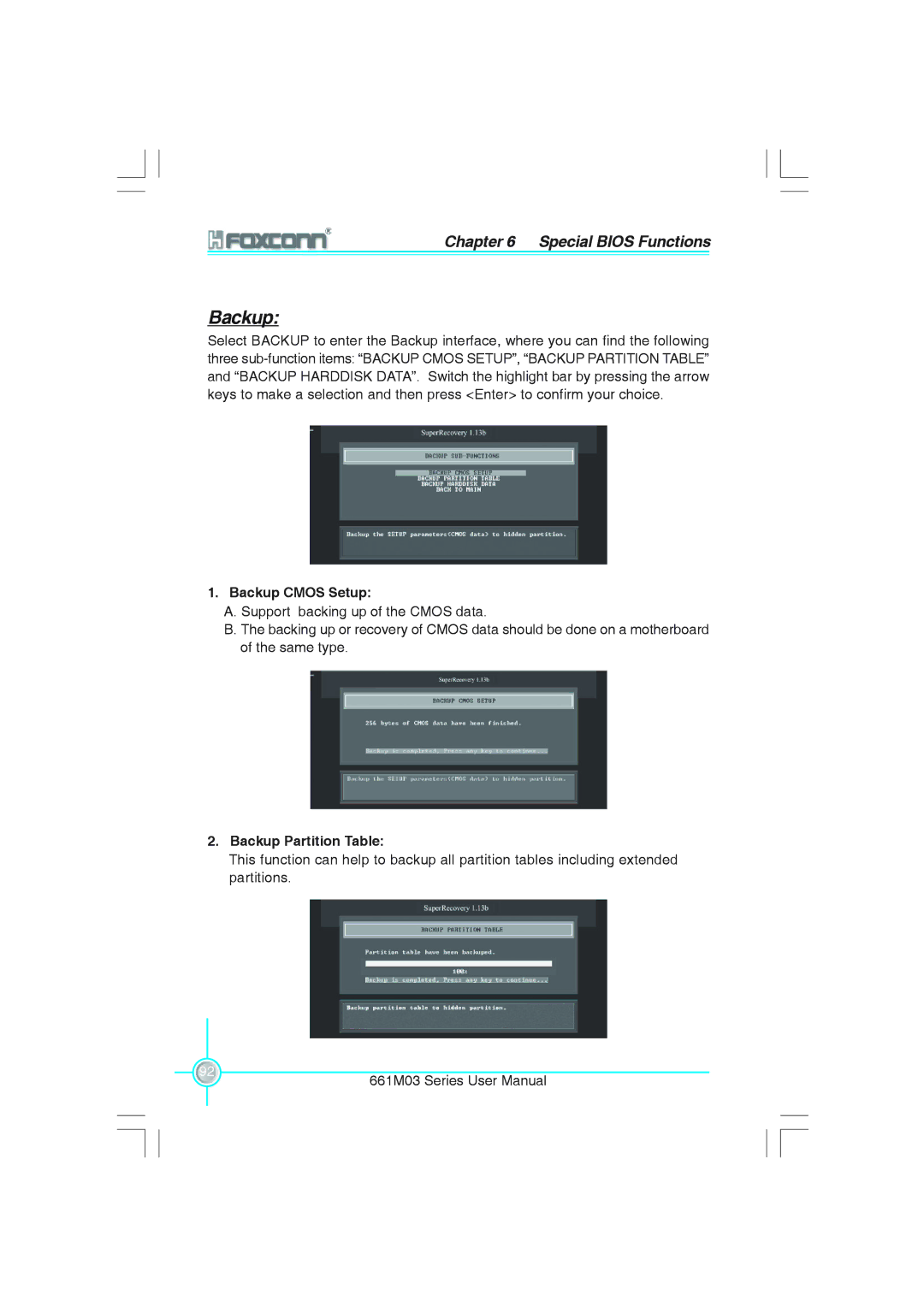 Foxconn 661M03 user manual Backup Cmos Setup, Backup Partition Table 