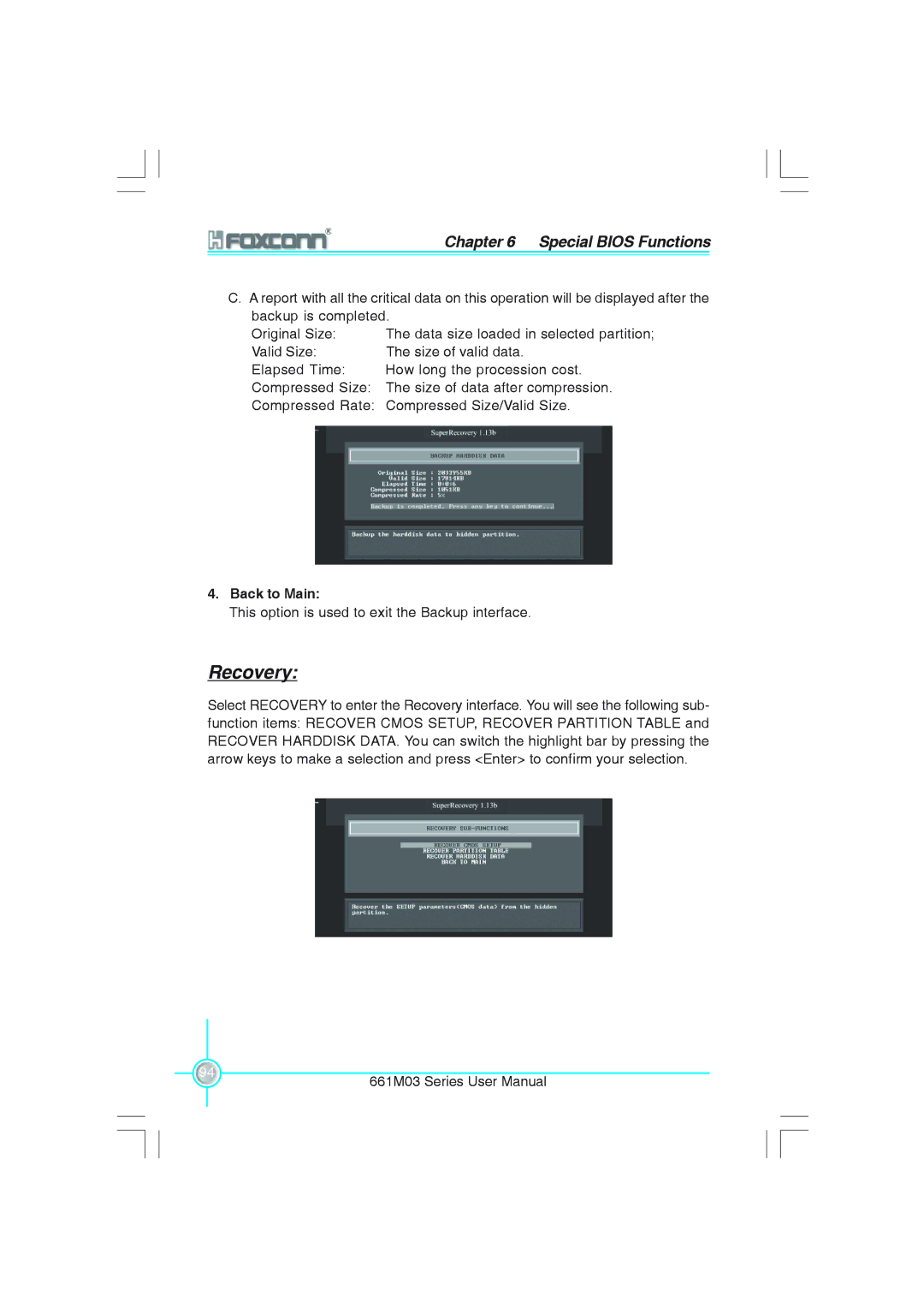 Foxconn 661M03 user manual Recovery, Back to Main 