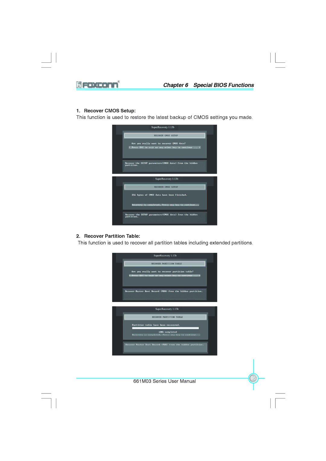 Foxconn 661M03 user manual Recover Cmos Setup, Recover Partition Table 