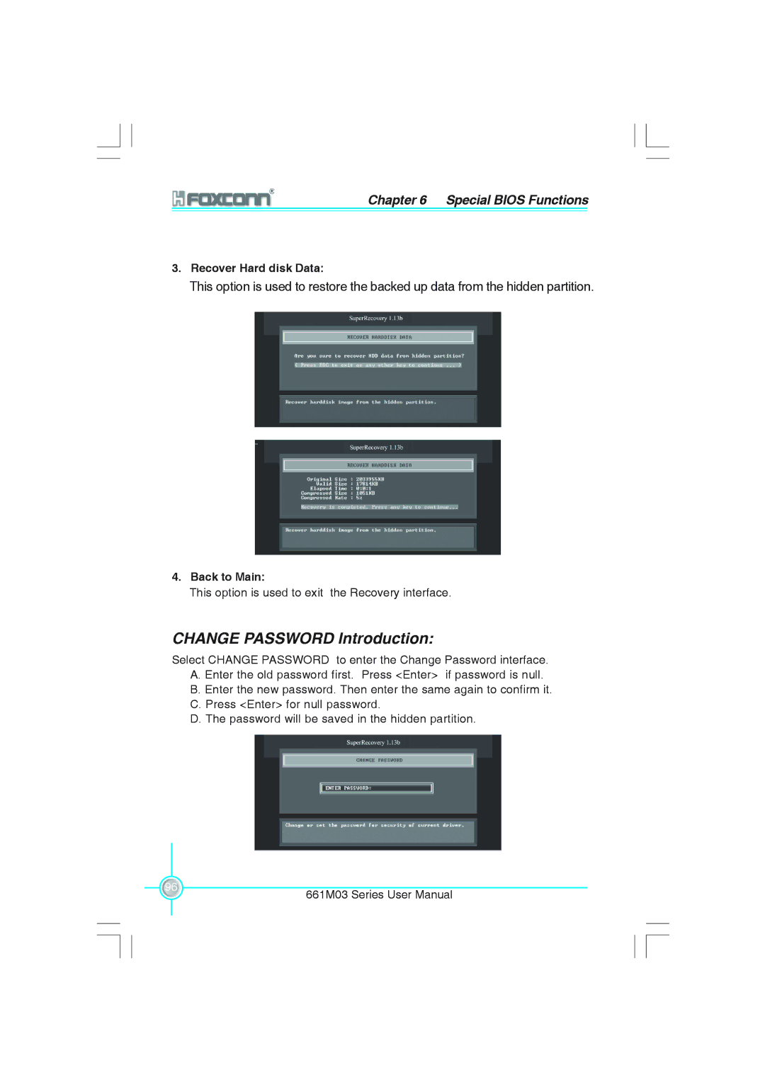 Foxconn 661M03 user manual Change Password Introduction, Recover Hard disk Data 