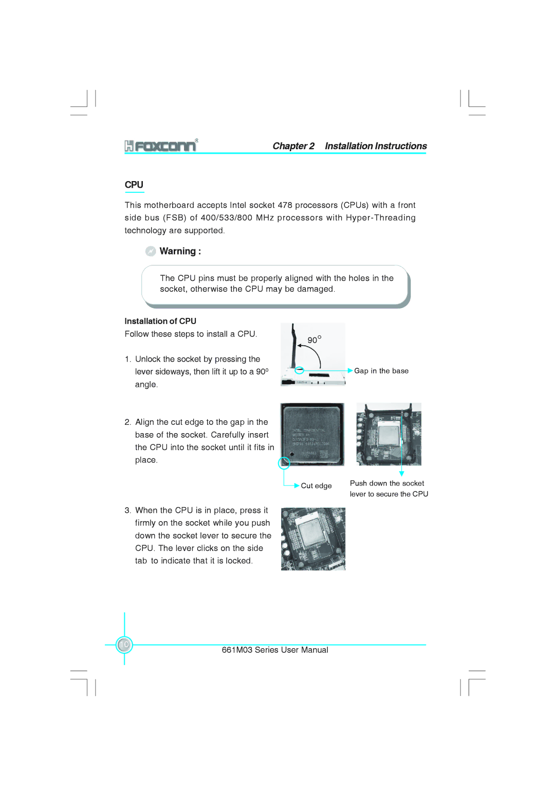 Foxconn 661M03 user manual Cpu, Installation of CPU 