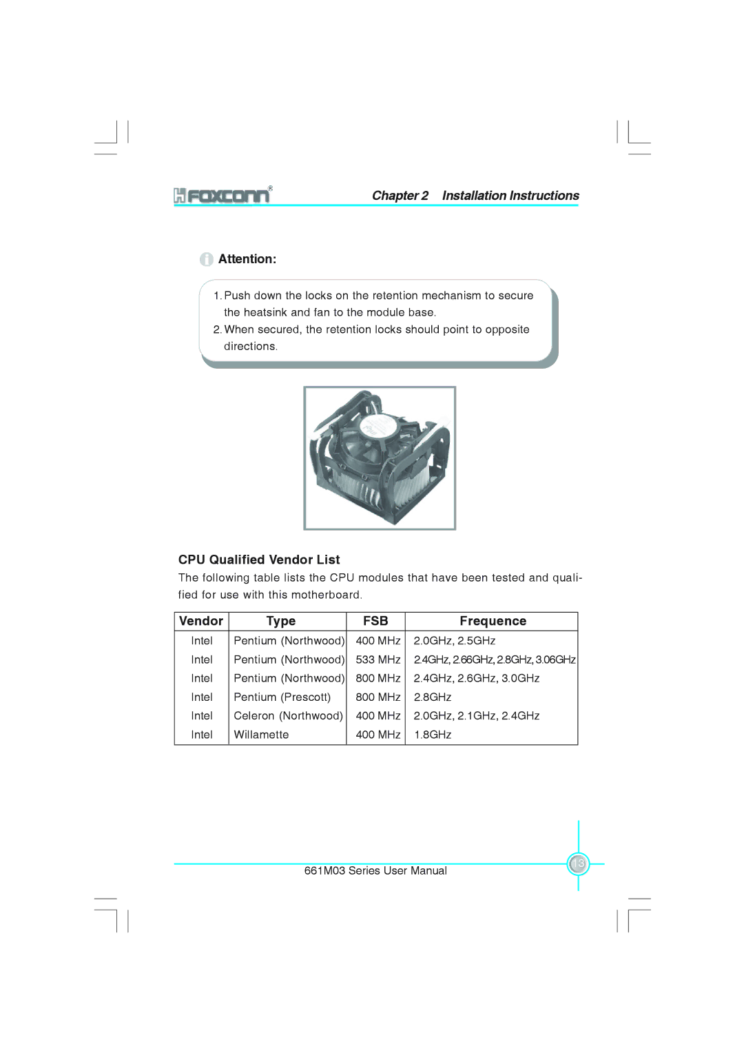 Foxconn 661M03 user manual CPU Qualified Vendor List, Vendor Type, Frequence 