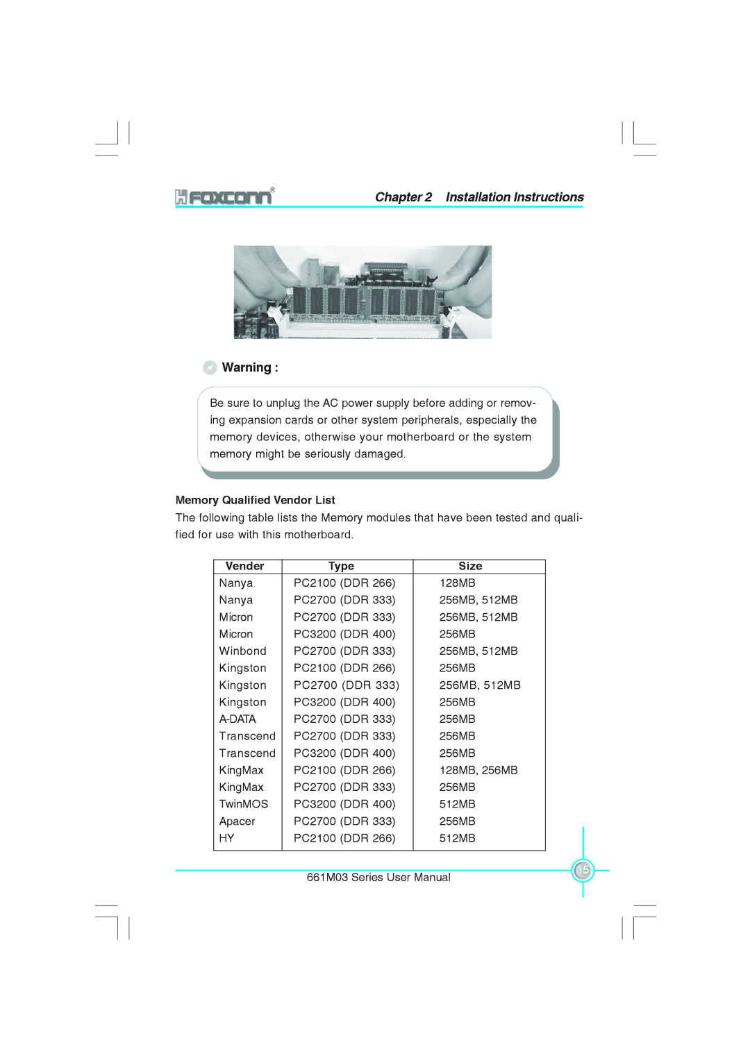 Foxconn 661M03 user manual Memory Qualified Vendor List, Vender Type Size 