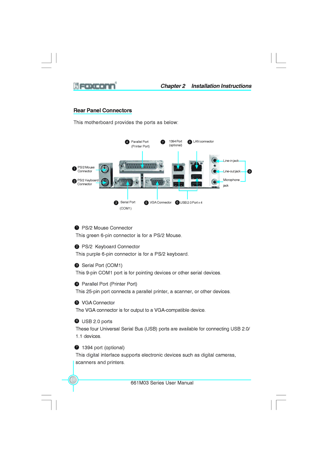 Foxconn 661M03 user manual Rear Panel Connectors, This motherboard provides the ports as below 