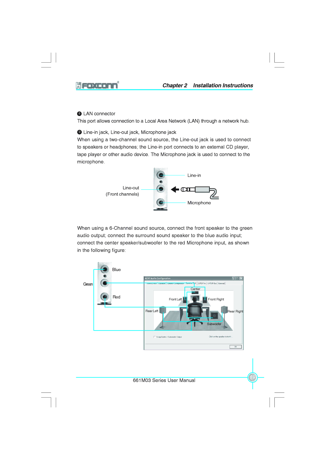 Foxconn 661M03 user manual Line-in Line-out Front channels Microphone 