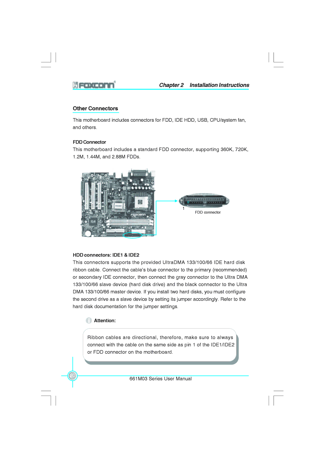 Foxconn 661M03 user manual Other Connectors, FDD Connector, HDD connectors IDE1 & IDE2 