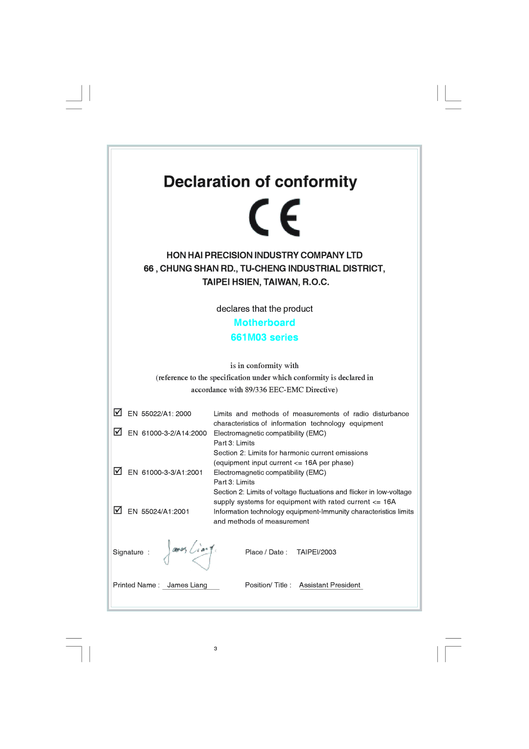 Foxconn 661M03 user manual Declaration of conformity 