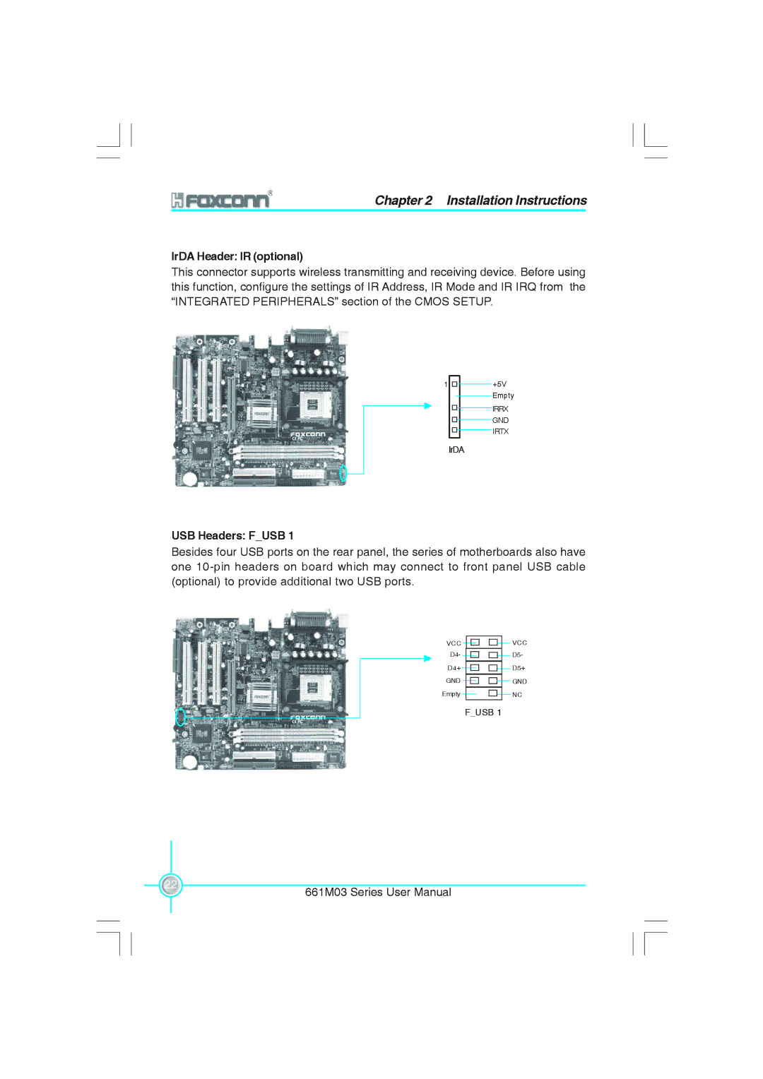 Foxconn 661M03 user manual IrDA Header IR optional, USB Headers Fusb 