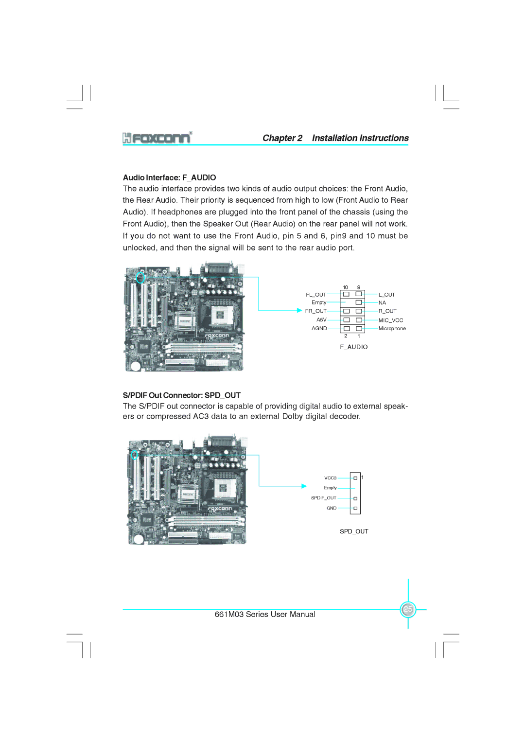 Foxconn 661M03 user manual Audio Interface Faudio, Pdif Out Connector Spdout 