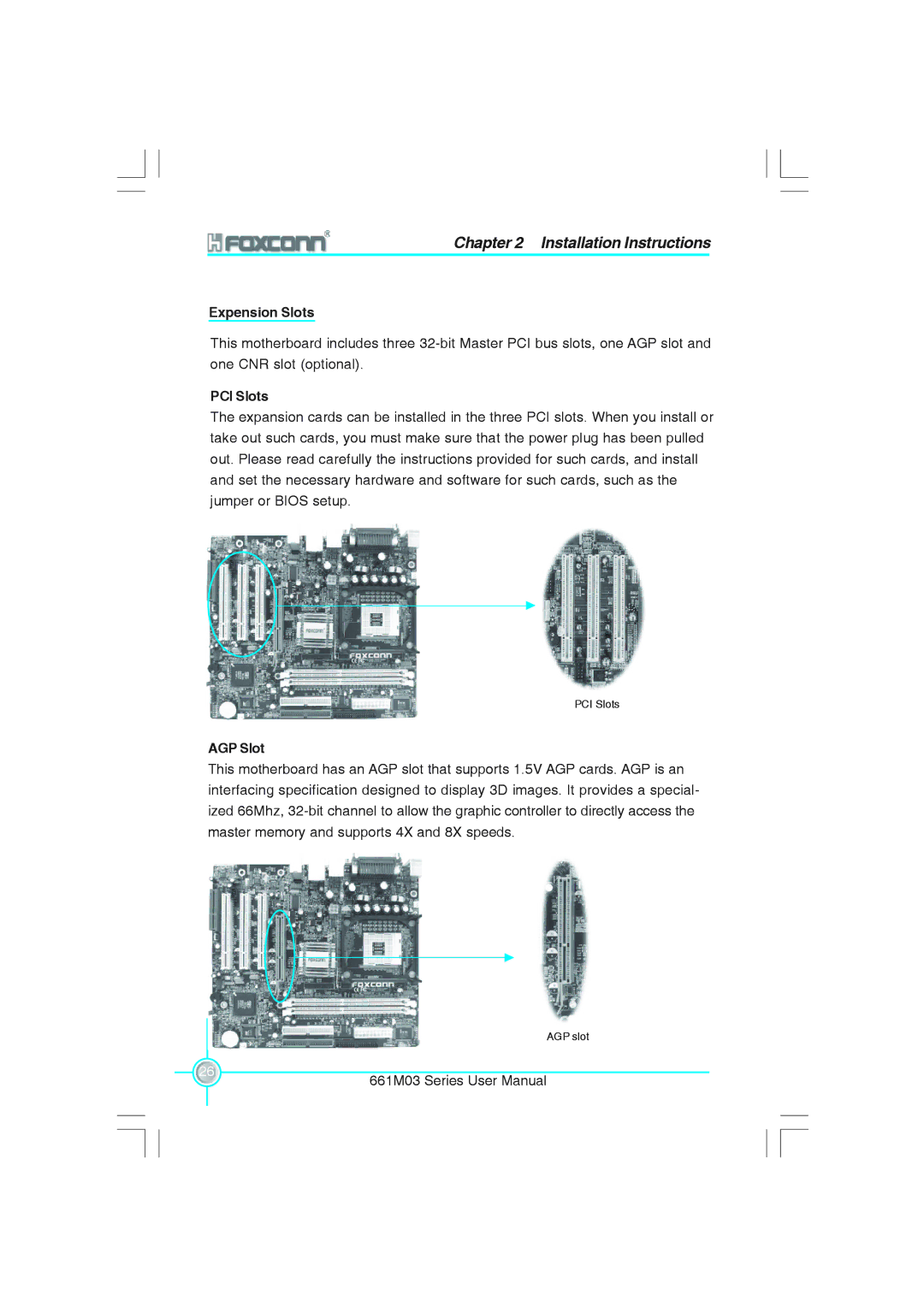 Foxconn 661M03 user manual Expension Slots, PCI Slots, AGP Slot 