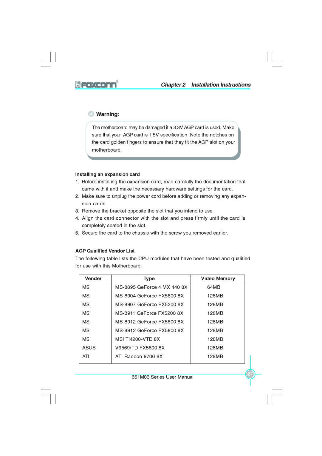 Foxconn 661M03 user manual Installing an expansion card, AGP Qualified Vendor List, Vender Type Video Memory 
