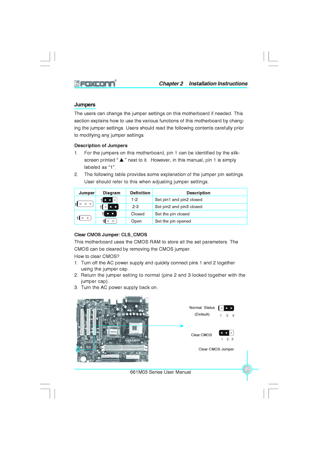 Foxconn 661M03 user manual Description of Jumpers, Clear Cmos Jumper Clscmos 