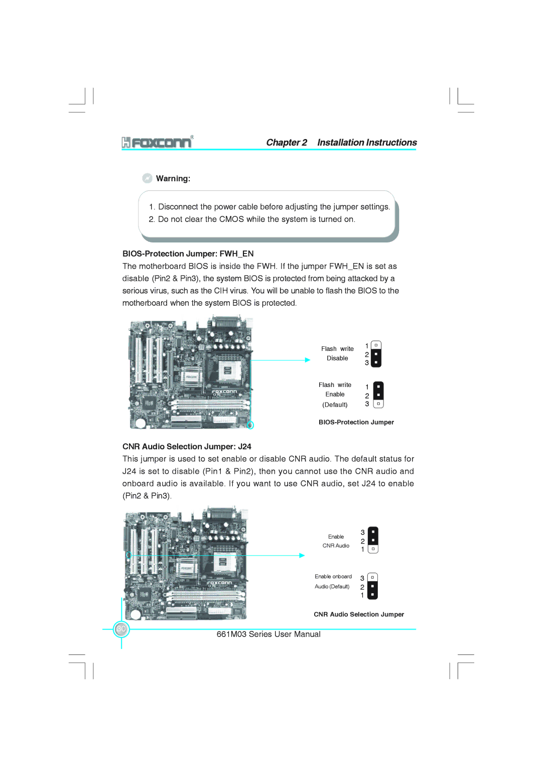 Foxconn 661M03 user manual BIOS-Protection Jumper Fwhen, CNR Audio Selection Jumper J24 