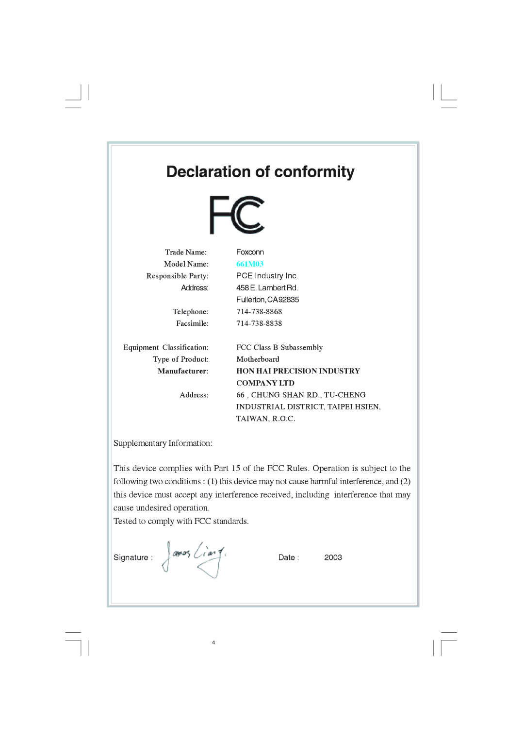 Foxconn 661M03 user manual HON HAI Precision Industry 