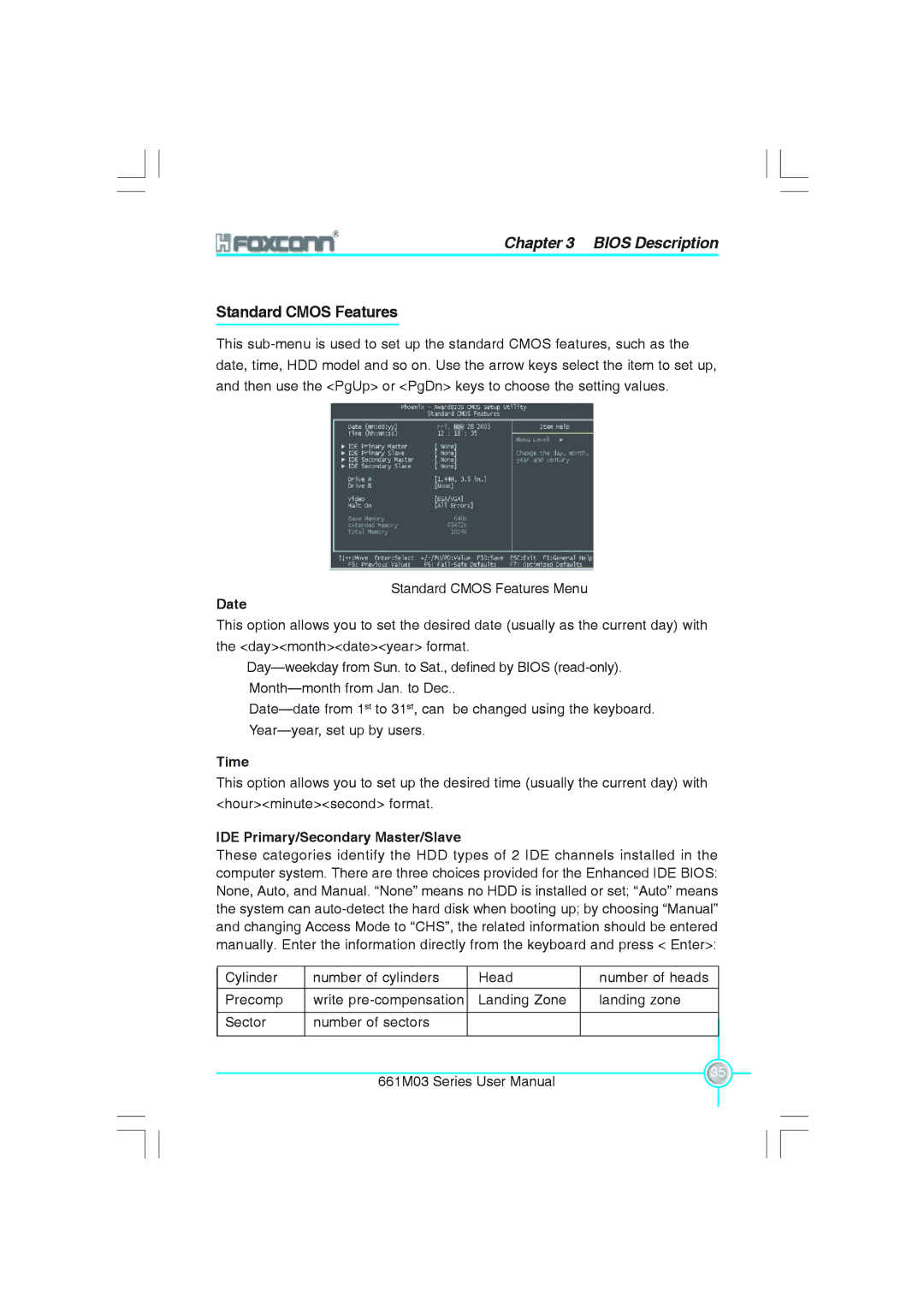 Foxconn 661M03 user manual Standard Cmos Features, Date, Time, IDE Primary/Secondary Master/Slave 