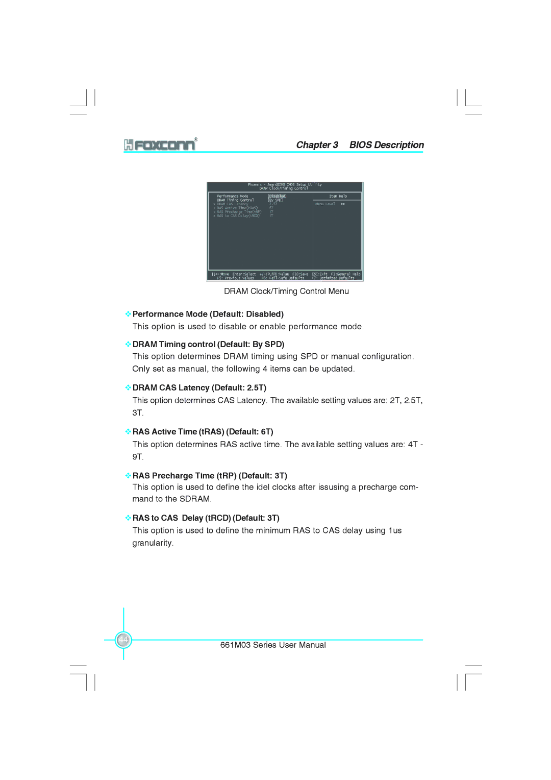 Foxconn 661M03 Performance Mode Default Disabled, Dram Timing control Default By SPD, Dram CAS Latency Default 2.5T 