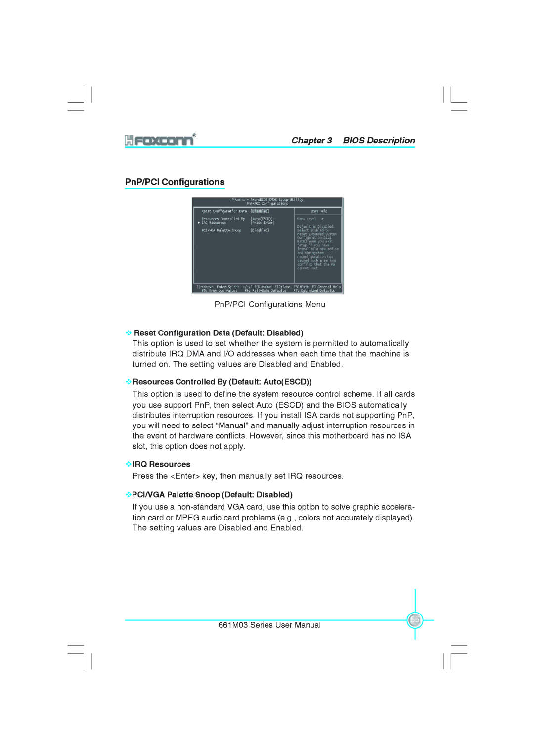 Foxconn 661M03 PnP/PCI Configurations, Reset Configuration Data Default Disabled, Resources Controlled By Default AutoESCD 