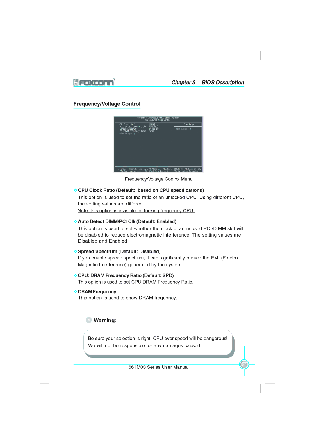 Foxconn 661M03 user manual Frequency/Voltage Control 