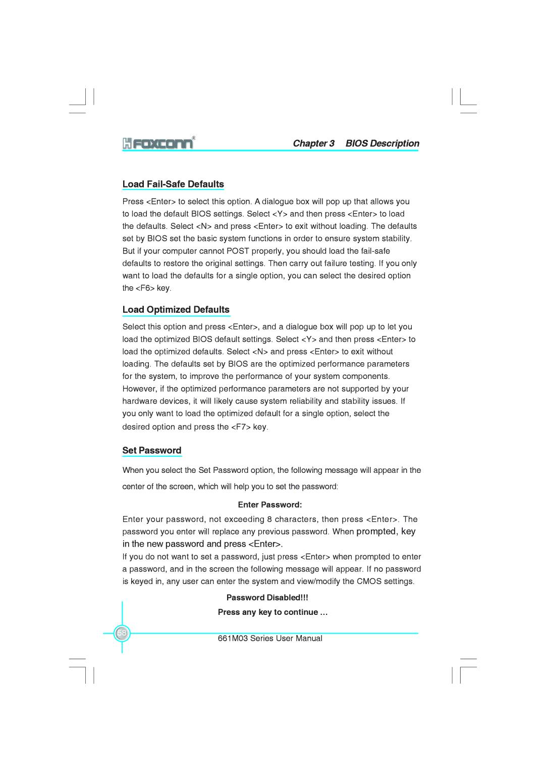 Foxconn 661M03 user manual Load Fail-Safe Defaults, Load Optimized Defaults, Set Password, Enter Password 