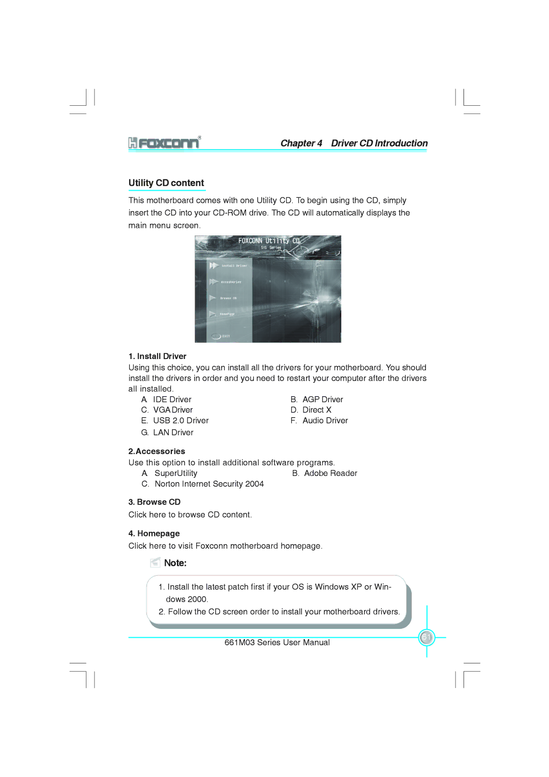 Foxconn 661M03 user manual Utility CD content, Install Driver, Accessories, Browse CD, Homepage 