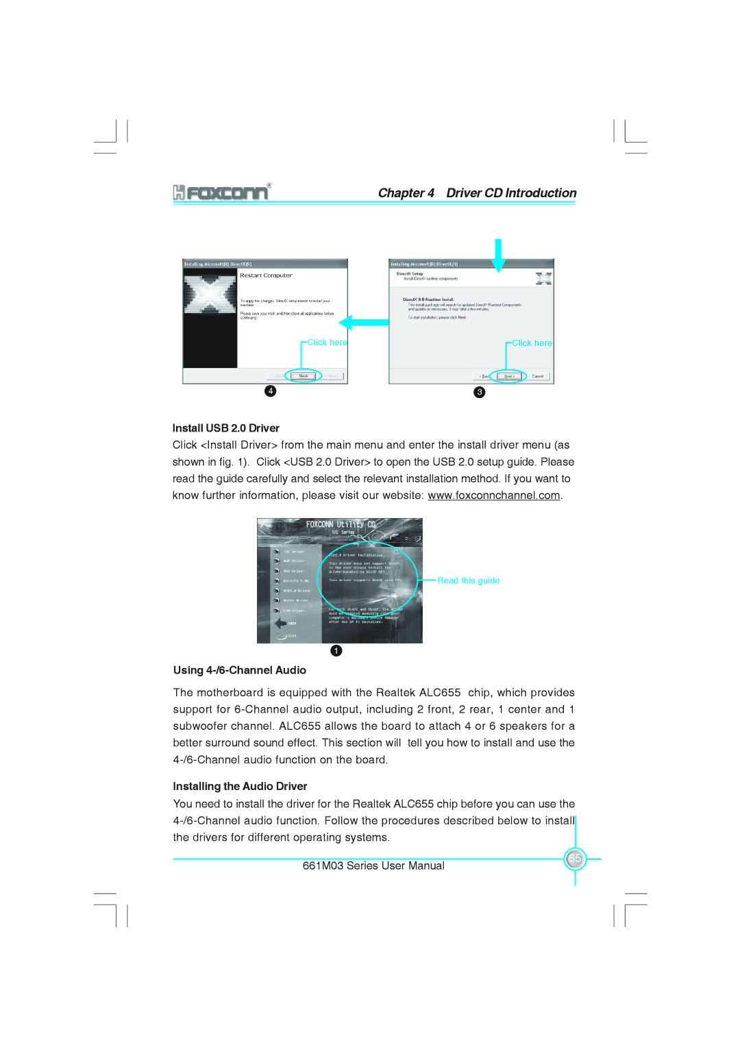 Foxconn 661M03 user manual Install USB 2.0 Driver, Using 4-/6-Channel Audio, Installing the Audio Driver 