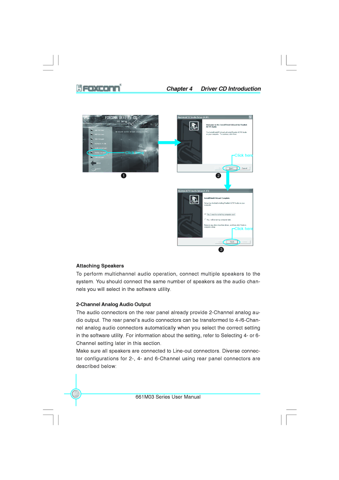 Foxconn 661M03 user manual Attaching Speakers, Channel Analog Audio Output 