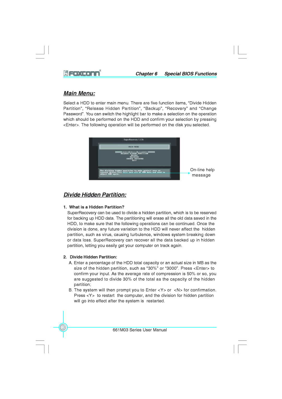 Foxconn 661M03 user manual Main Menu, Divide Hidden Partition, What is a Hidden Partition? 