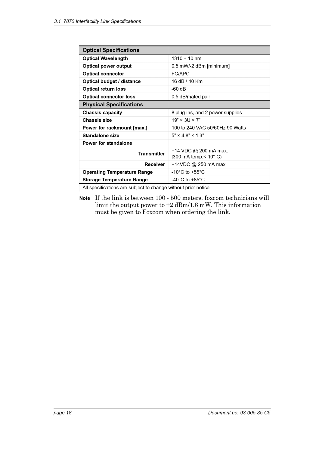 Foxconn 7870 manual Optical Specifications, Physical Specifications 