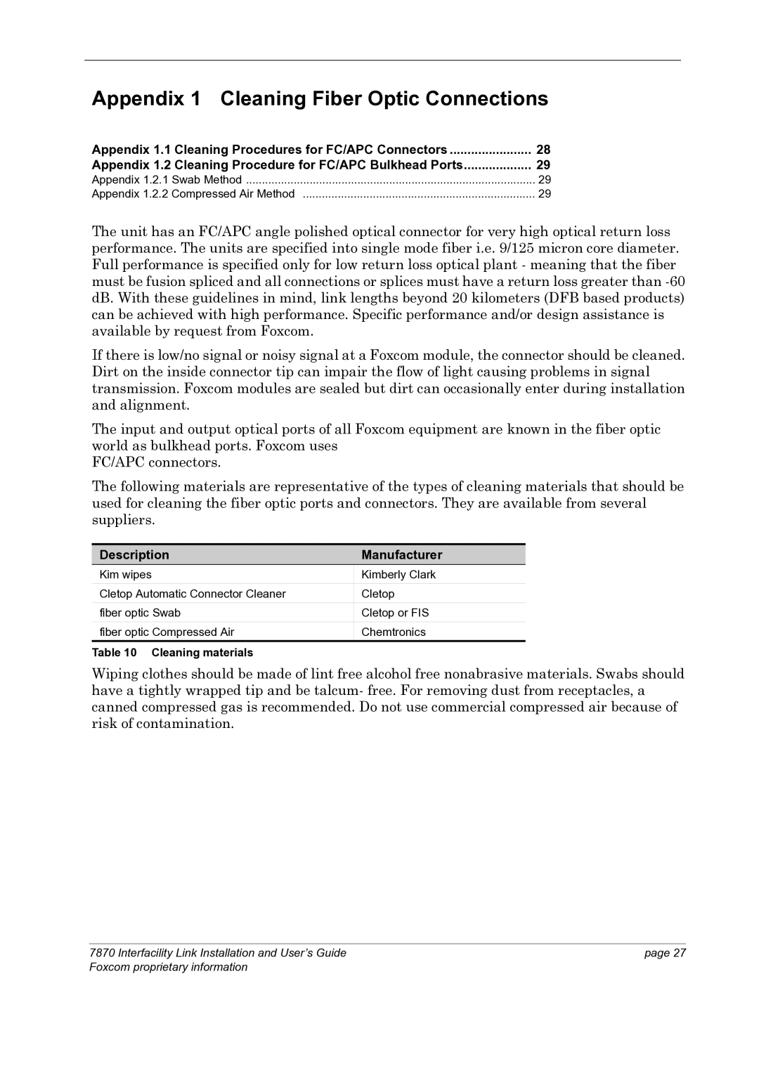 Foxconn 7870 manual Appendix 1 Cleaning Fiber Optic Connections, Description Manufacturer 