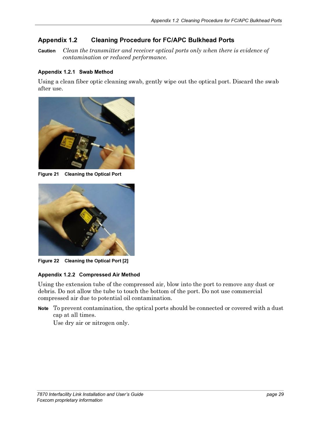 Foxconn 7870 manual Appendix 1.2 Cleaning Procedure for FC/APC Bulkhead Ports, Appendix 1.2.1 Swab Method 