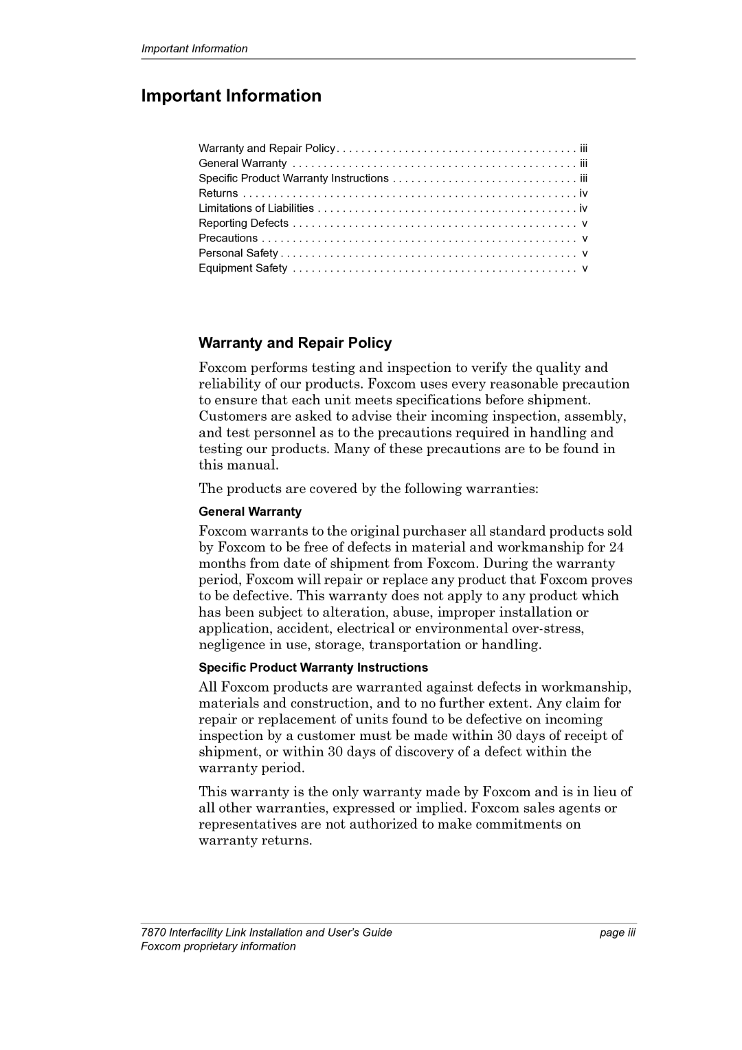 Foxconn 7870 Important Information, Warranty and Repair Policy, General Warranty, Specific Product Warranty Instructions 