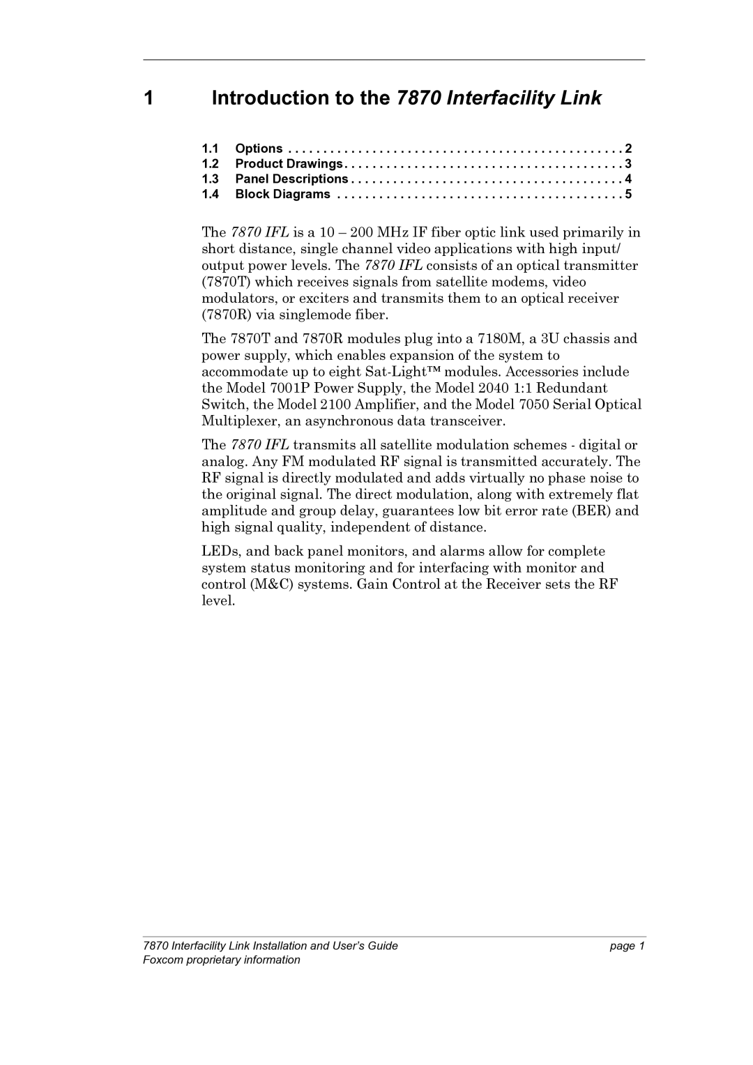 Foxconn manual Introduction to the 7870 Interfacility Link, Options Product Drawings Panel Descriptions Block Diagrams 