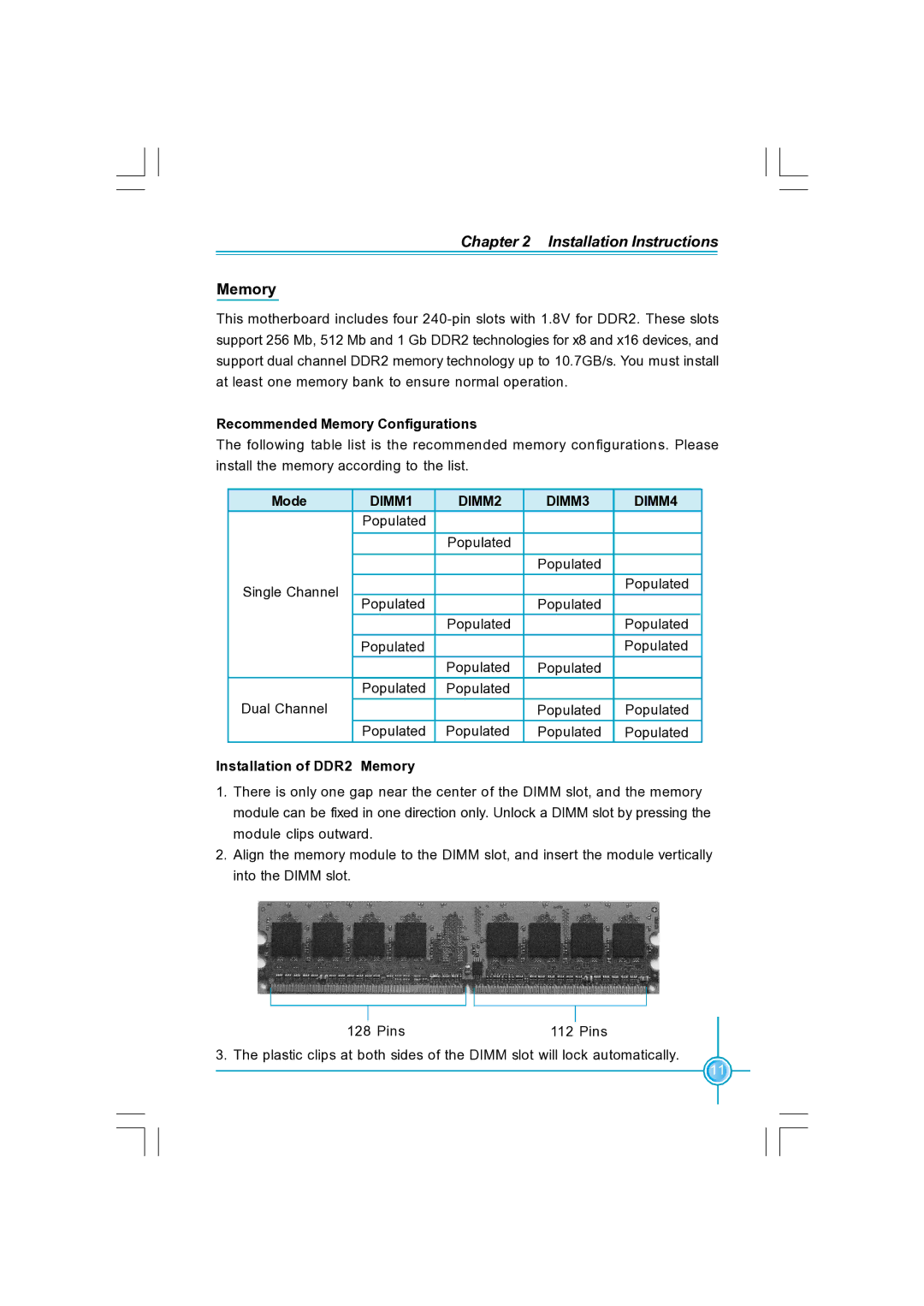 Foxconn N570SM2AA user manual Recommended Memory Configurations, Mode, Installation of DDR2 Memory 