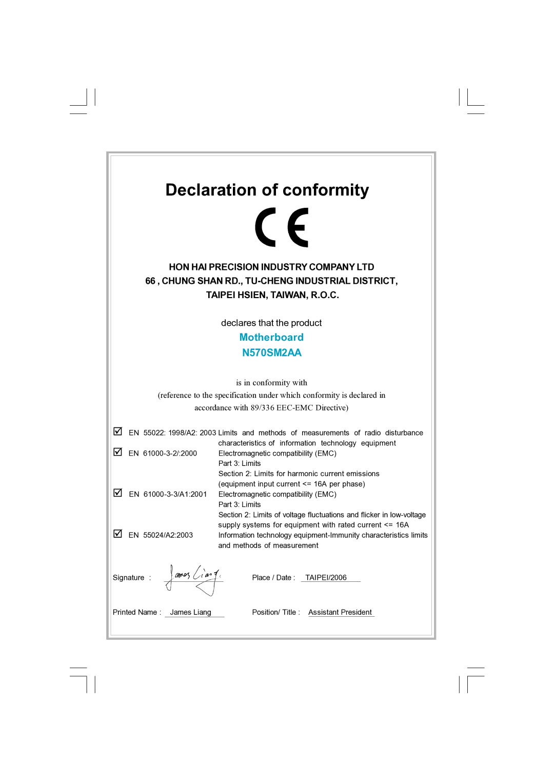 Foxconn N570SM2AA user manual Declaration of conformity 