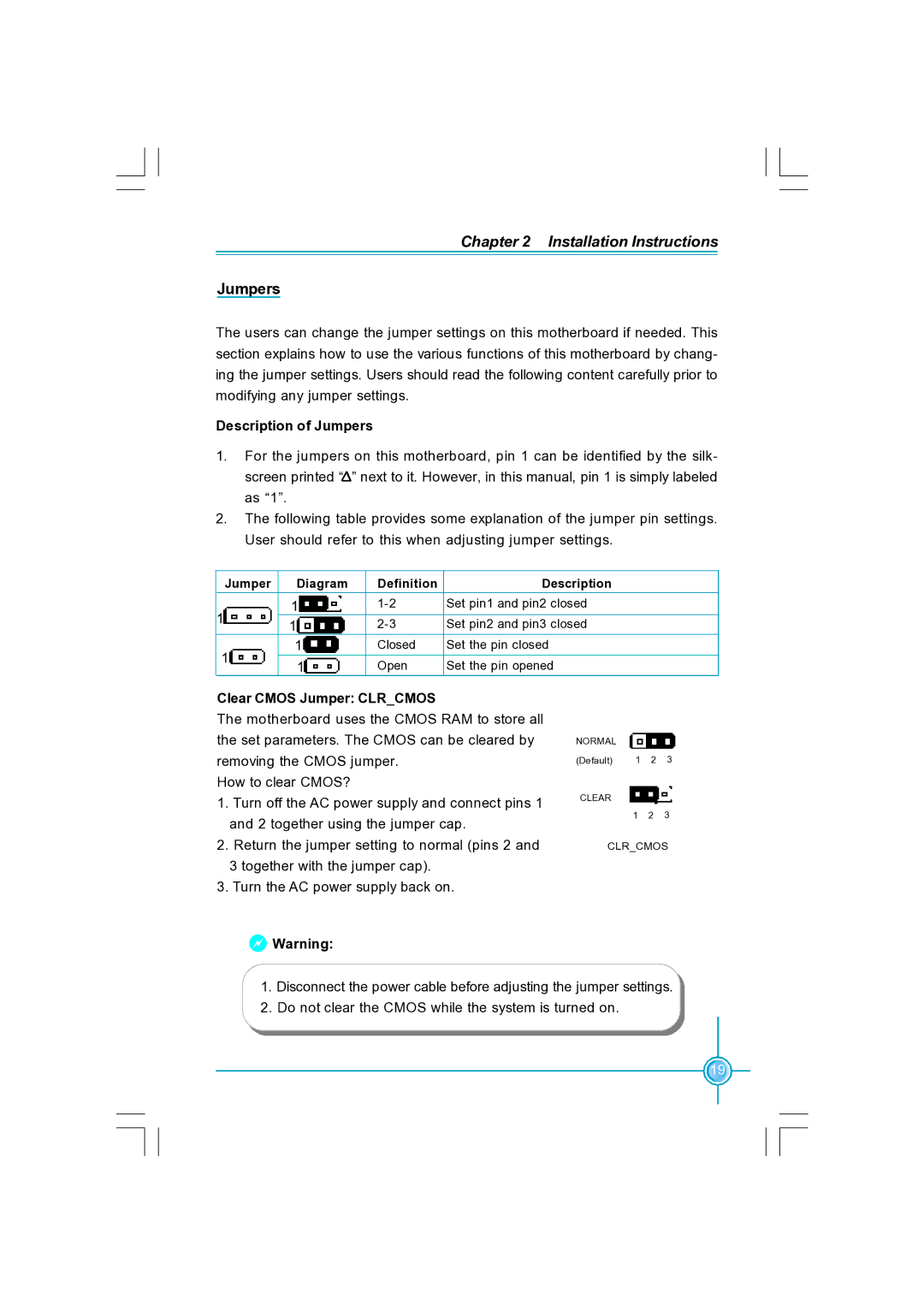 Foxconn N570SM2AA user manual Description of Jumpers, Clear Cmos Jumper Clrcmos 