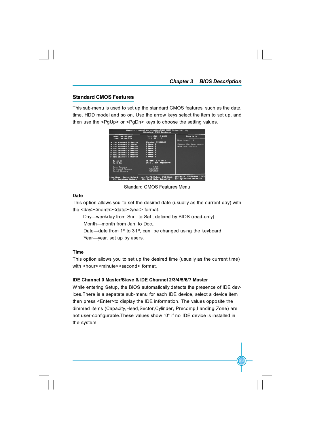 Foxconn N570SM2AA Standard Cmos Features, Date, Time, IDE Channel 0 Master/Slave & IDE Channel 2/3/4/5/6/7 Master 