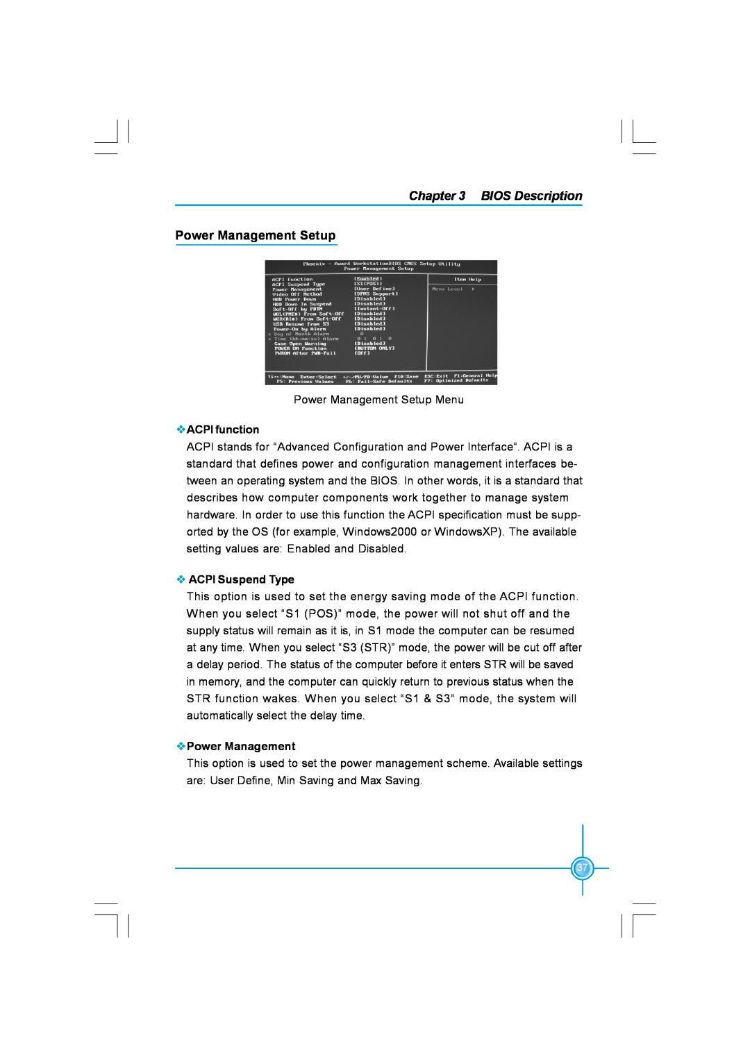 Foxconn N570SM2AA Power Management Setup, BIOS Description, vACPI function, v ACPI Suspend Type, vPower Management 