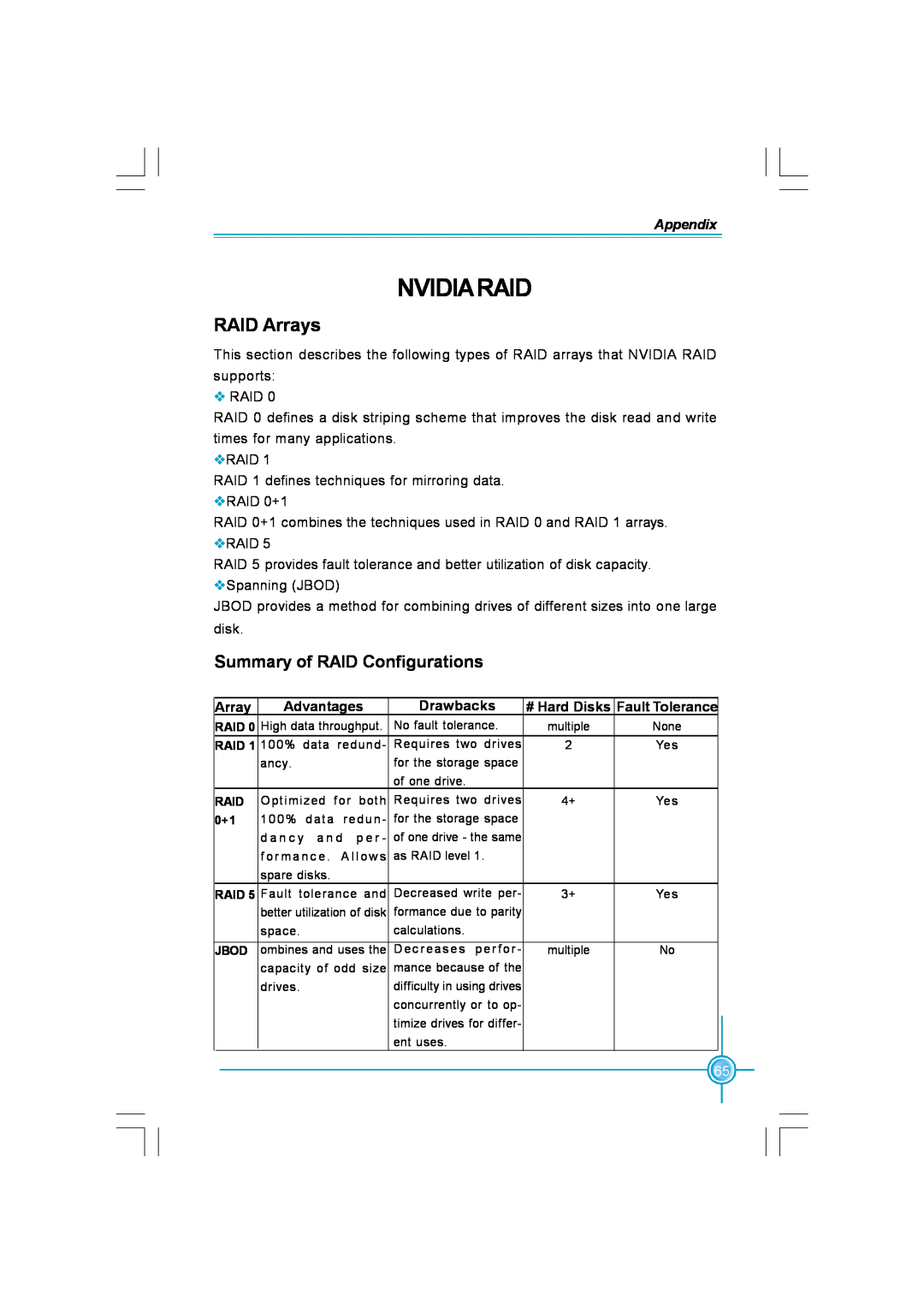 Foxconn N570SM2AA user manual Nvidiaraid, RAID Arrays, Summary of RAID Configurations, Appendix, Advantages, Drawbacks 
