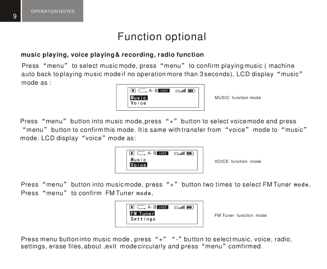 Foxda Tech FM-6602 manual Function optional, Music playing, voice playing & recording, radio function 