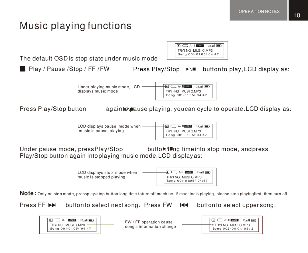 Foxda Tech FM-6602 manual Music playing functions, Play / Pause / Stop / FF / FW 