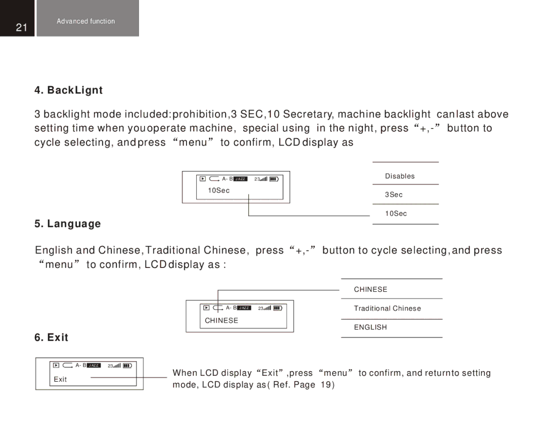 Foxda Tech FM-6602 manual BackLignt, Language, Exit 