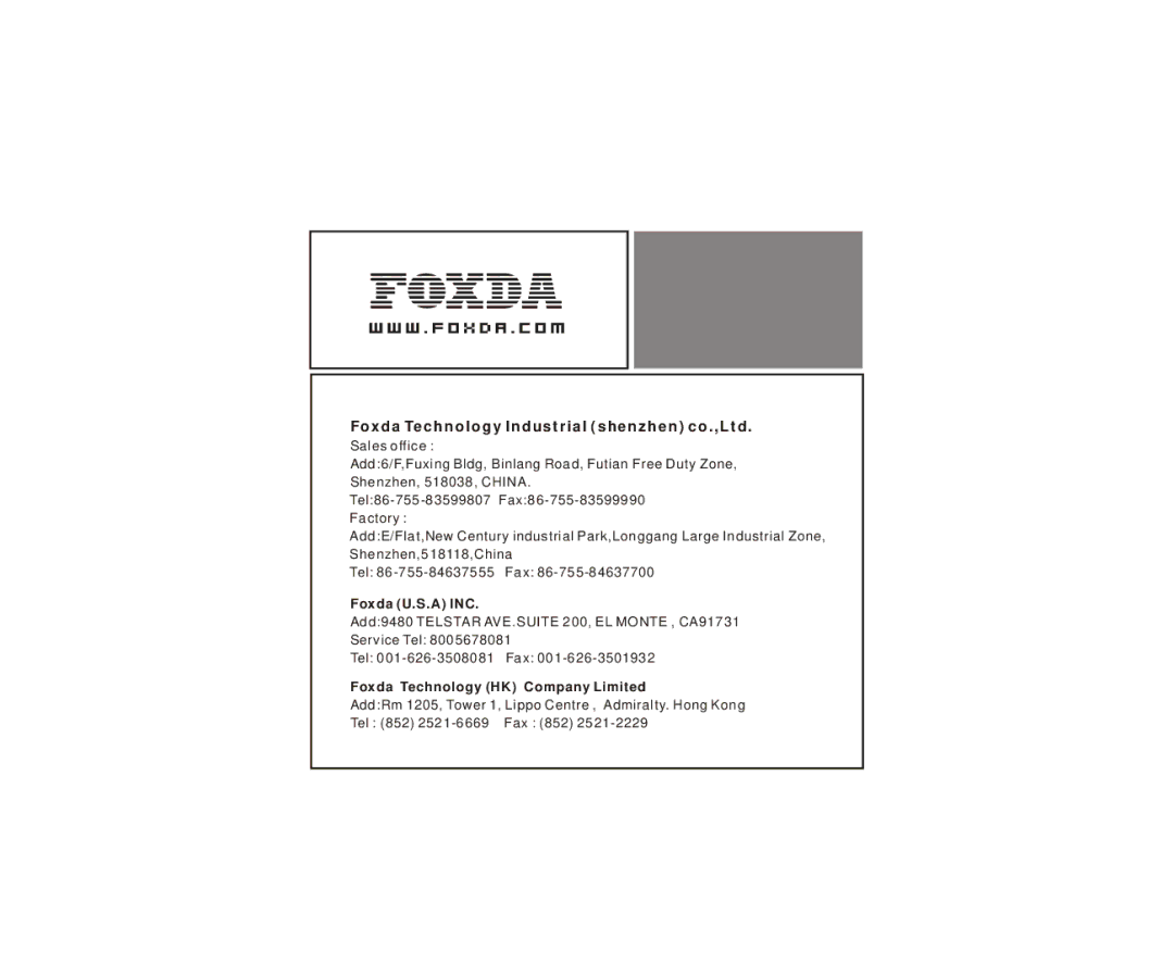 Foxda Tech FM-6602 manual Foxda U.S.A INC 