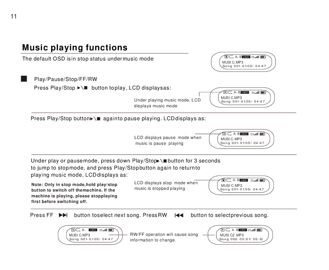 Foxda Tech FM-6603 manual Music playing functions, LCD displays pause mode when Music is pause playing 