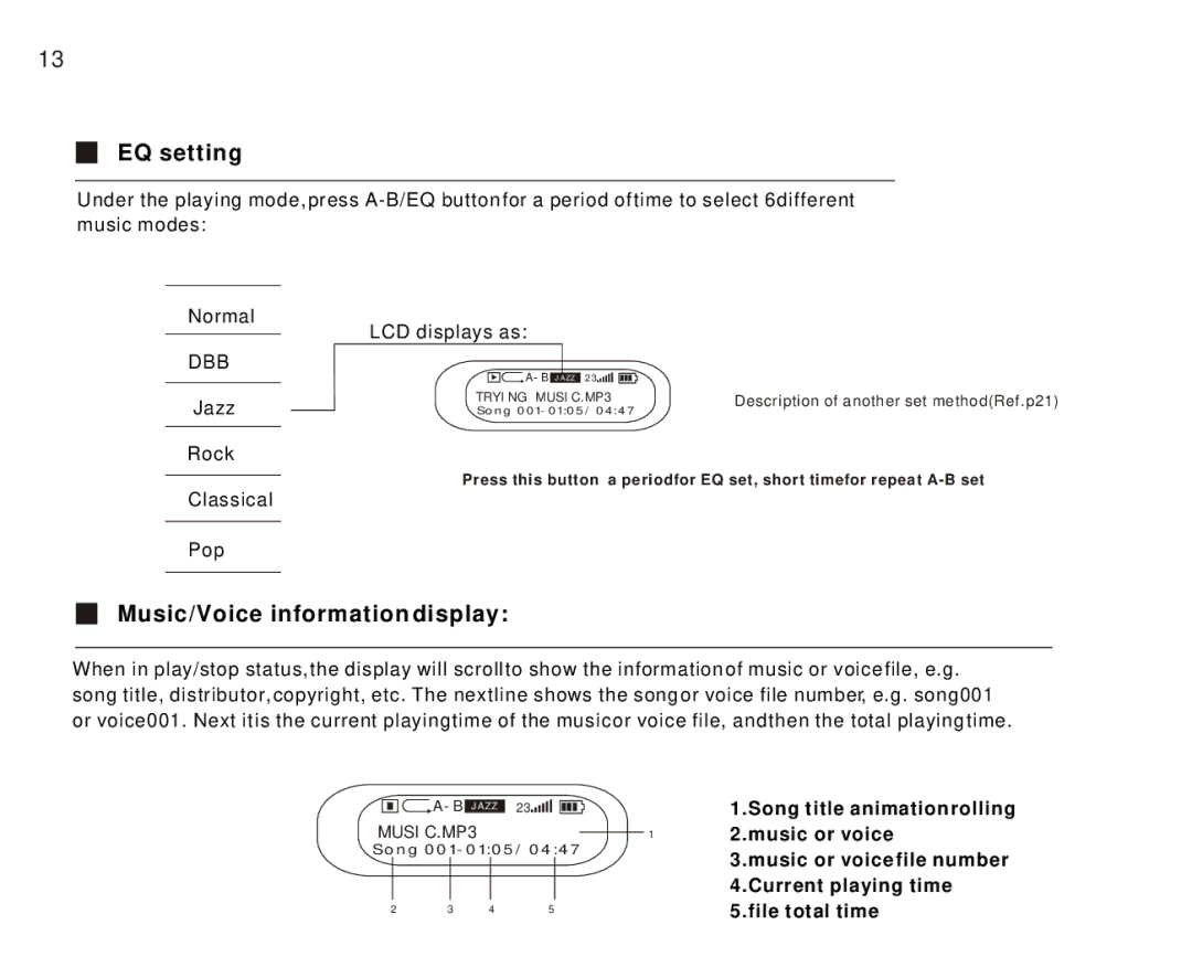 Foxda Tech FM-6603 manual EQ setting, Music/Voice information display 