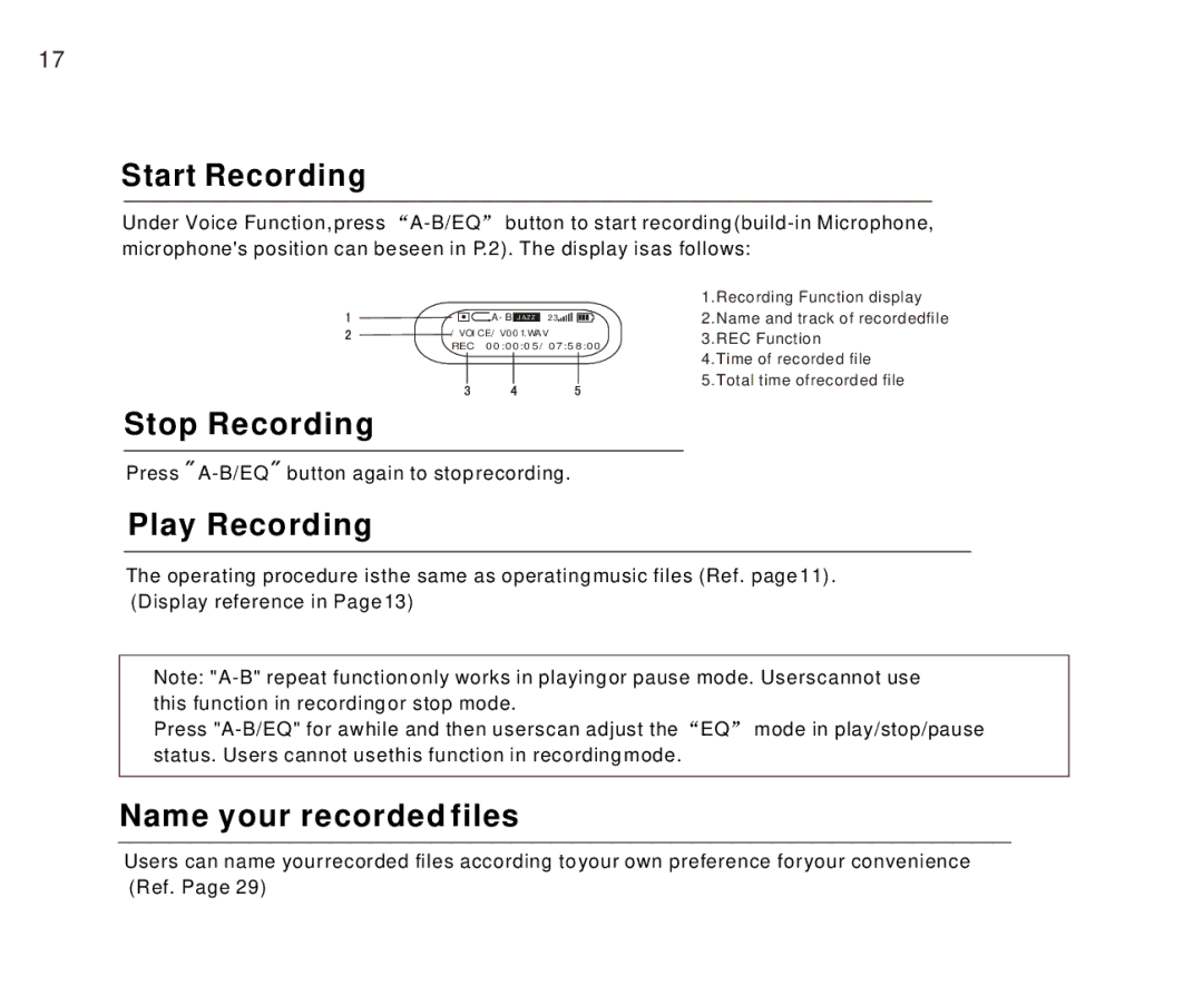 Foxda Tech FM-6603 manual Start Recording, Stop Recording, Play Recording, Name your recorded files 